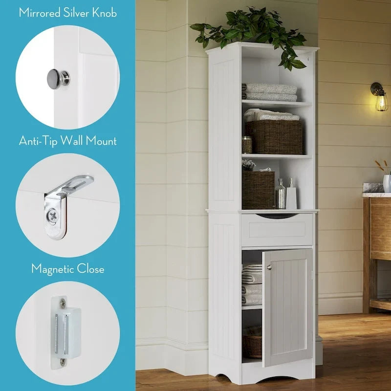 Armoire haute de rangement et d’organisation pour salle de bain, avec tiroir et étagères