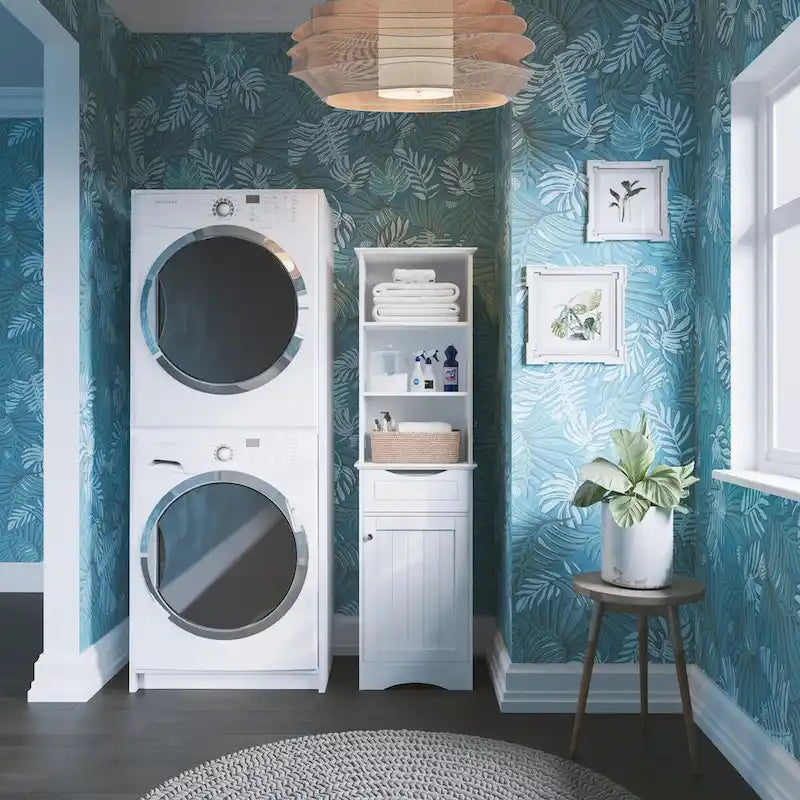 Armoire haute de rangement et d’organisation pour salle de bain, avec tiroir et étagères