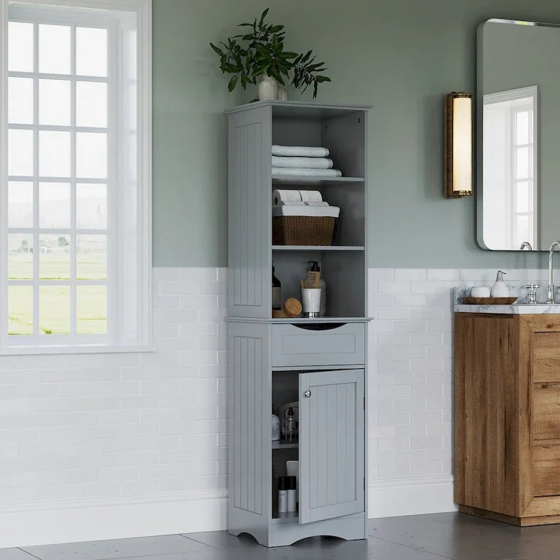 Armoire haute de rangement et d’organisation pour salle de bain, avec tiroir et étagères