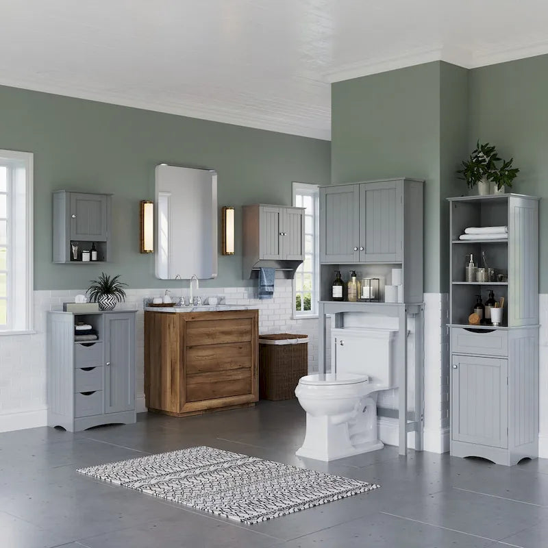 Armoire haute de rangement et d’organisation pour salle de bain, avec tiroir et étagères