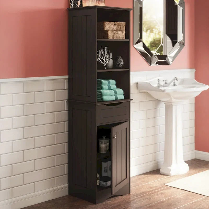 Armoire haute de rangement et d’organisation pour salle de bain, avec tiroir et étagères