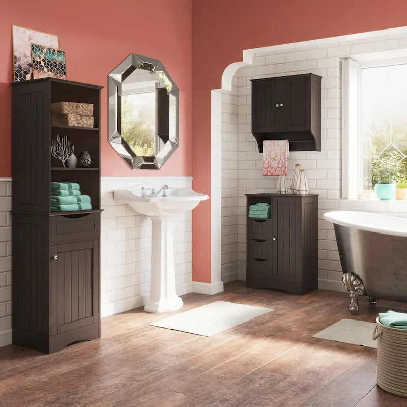 Armoire haute de rangement et d’organisation pour salle de bain, avec tiroir et étagères
