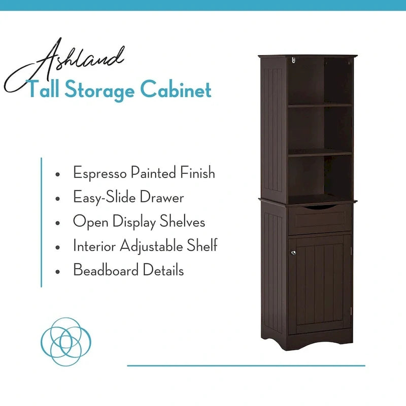 Armoire haute de rangement et d’organisation pour salle de bain, avec tiroir et étagères