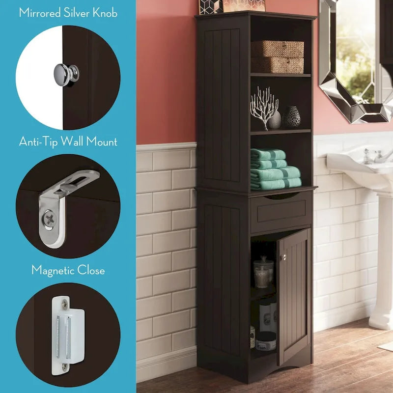 Armoire haute de rangement et d’organisation pour salle de bain, avec tiroir et étagères