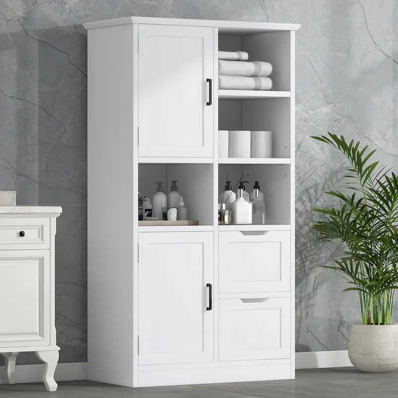 Meuble de rangement pour salle de bain avec 2 portes, 2 tiroirs, une étagère ouverte et une étagère réglable