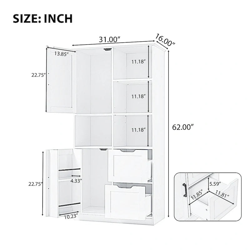 Meuble de rangement pour salle de bain avec 2 portes, 2 tiroirs, une étagère ouverte et une étagère réglable