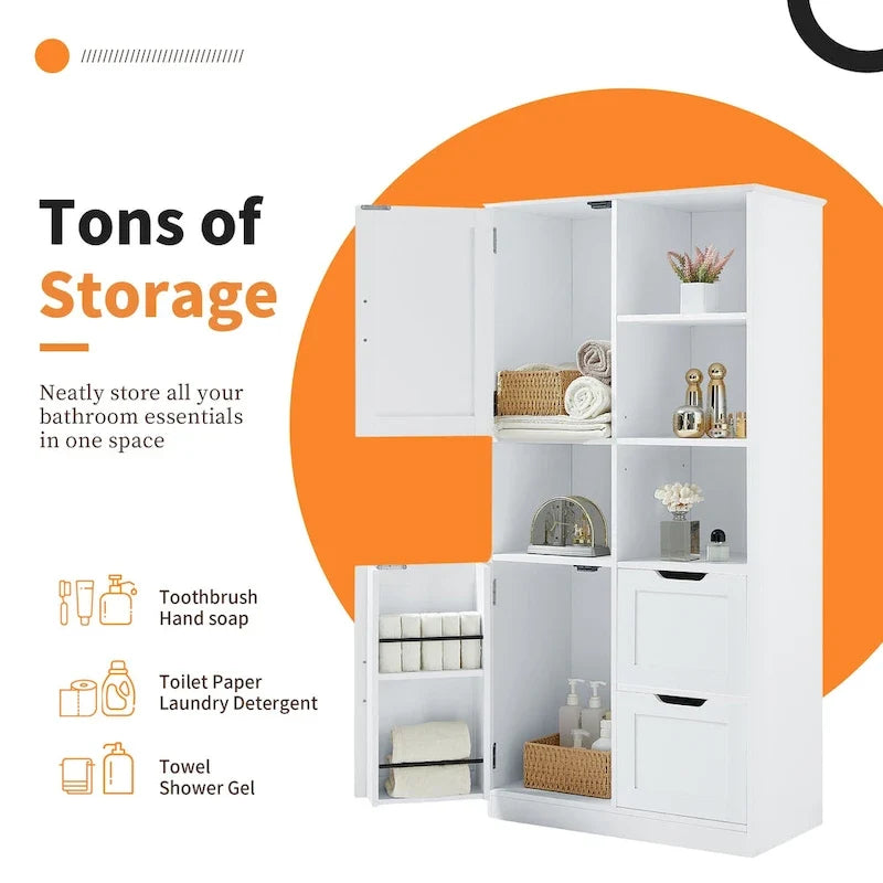 Meuble de rangement pour salle de bain avec 2 portes, 2 tiroirs, une étagère ouverte et une étagère réglable