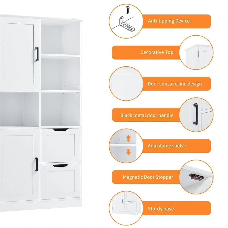 Meuble de rangement pour salle de bain avec 2 portes, 2 tiroirs, une étagère ouverte et une étagère réglable