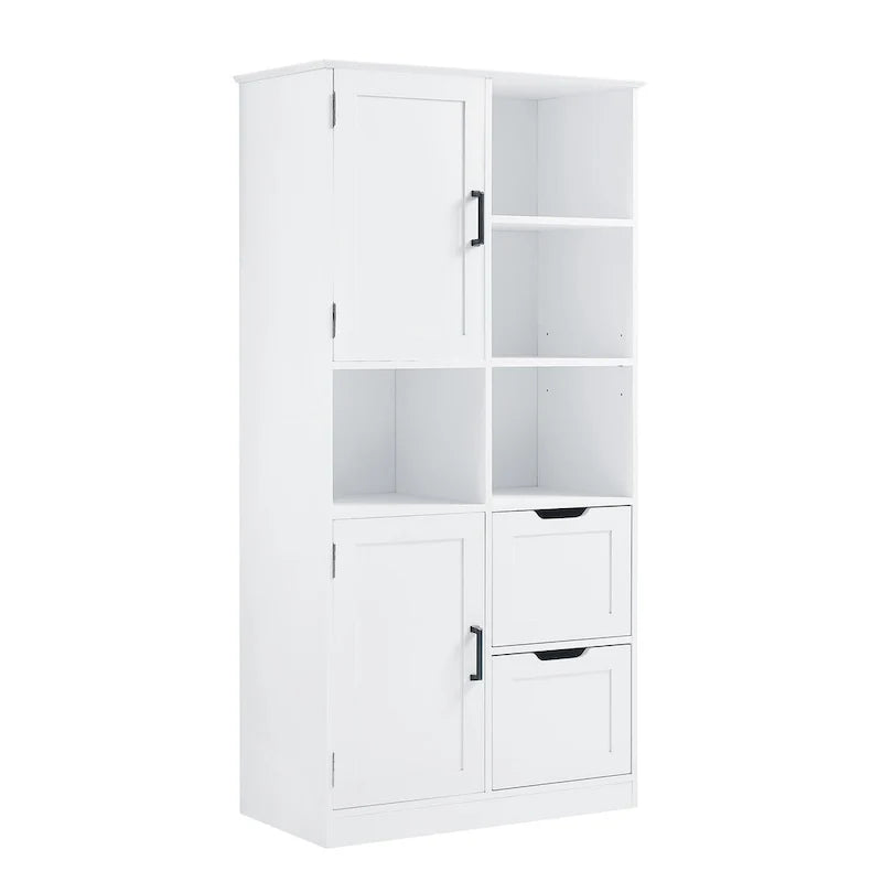 Meuble de rangement pour salle de bain avec 2 portes, 2 tiroirs, une étagère ouverte et une étagère réglable